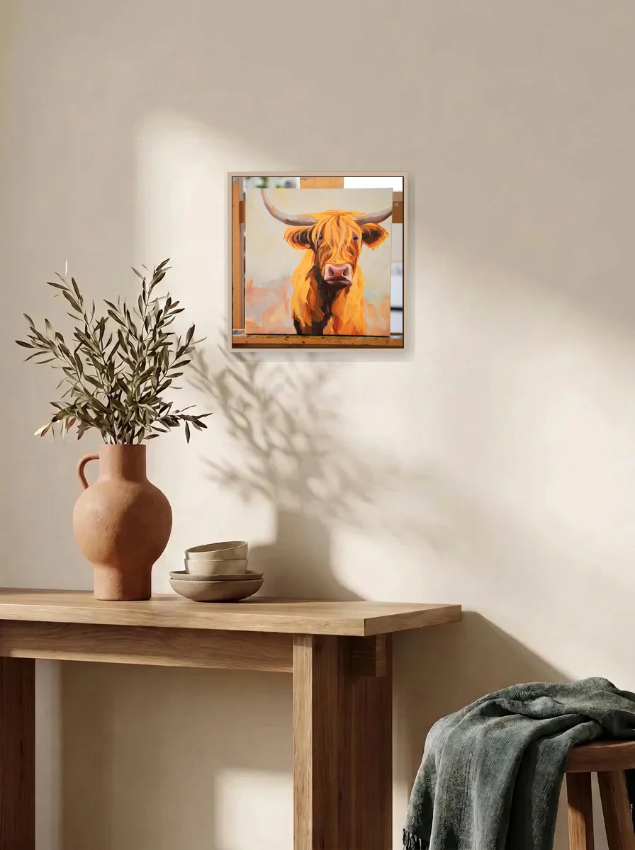 A Highland Hello displayed as a wall-scale canvas in an interior scene