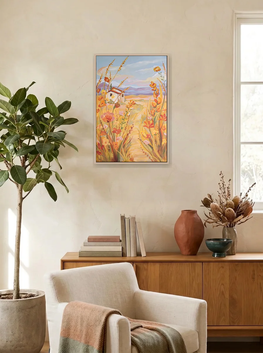 Follow the Flowers displayed as a wall-scale canvas in an interior scene