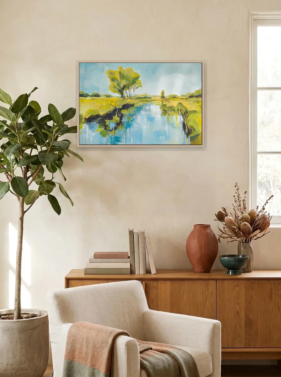 Reflections of the Marsh displayed as a wall-scale canvas in an interior scene