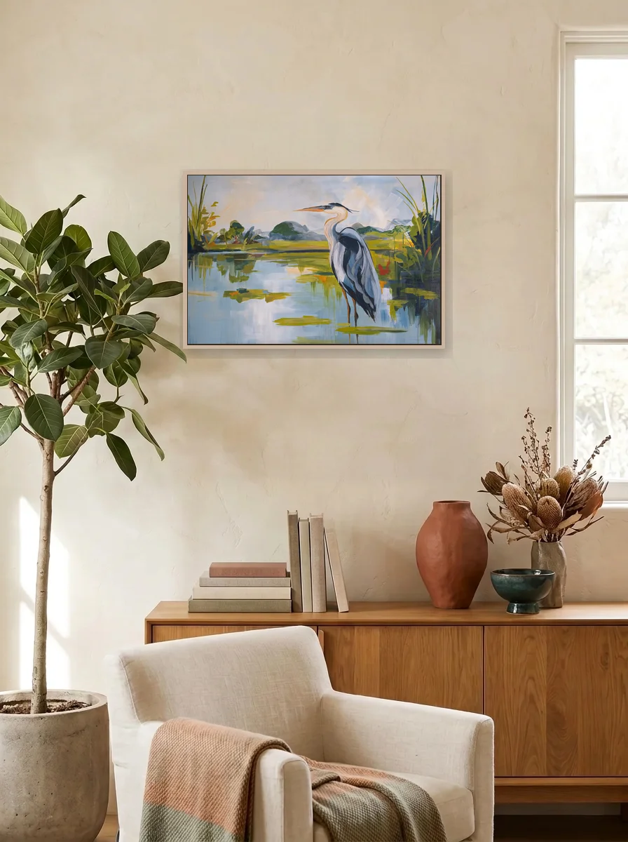 The Quiet Watcher displayed as a wall-scale canvas in an interior scene