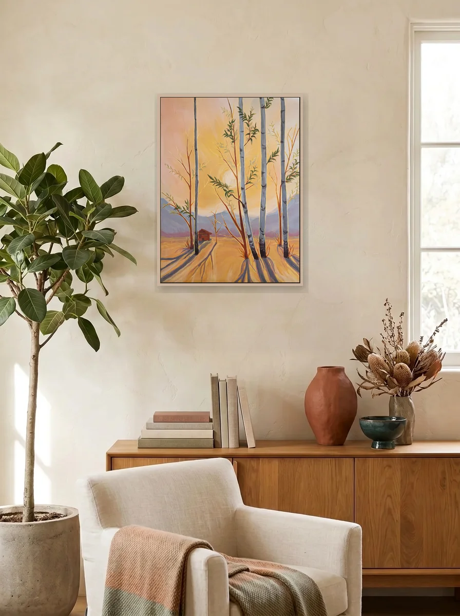 Tucked Away displayed as a wall-scale canvas in an interior scene