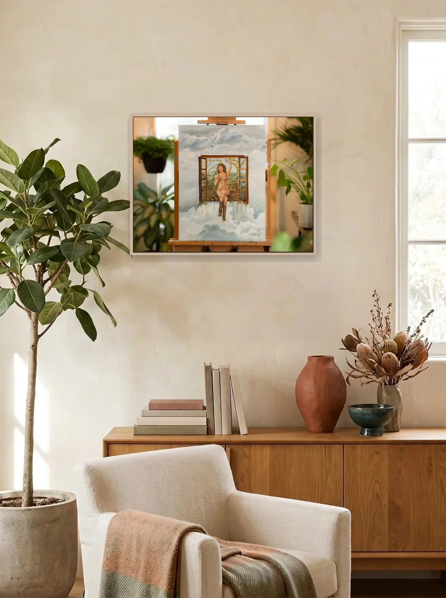 Where Clouds Remember displayed as a wall-scale canvas in an interior scene